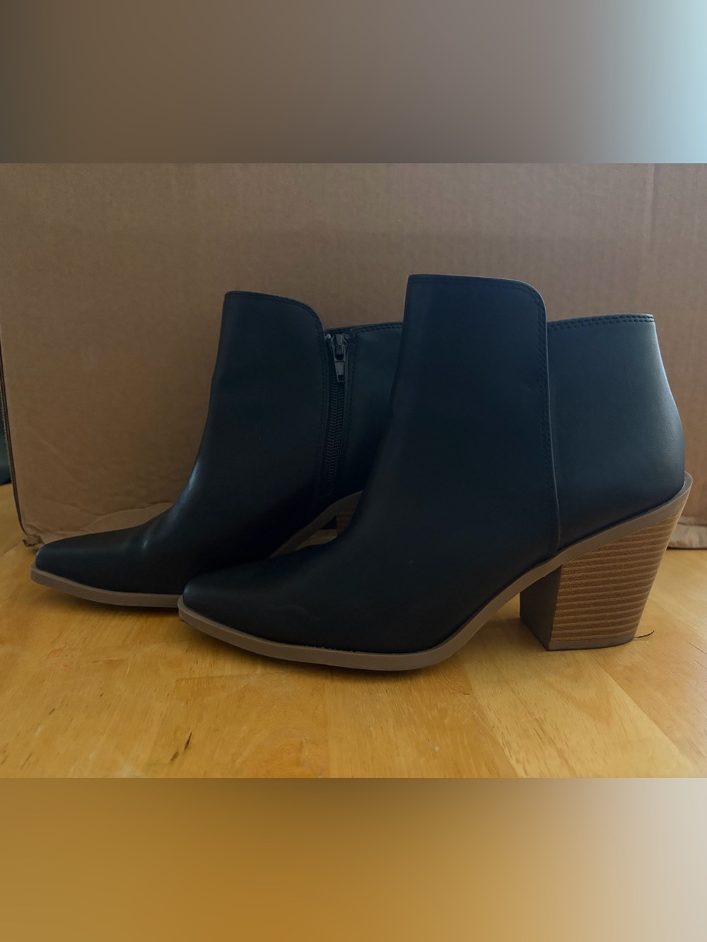 a.n.a Black Pointed Ankle Booties with Stacked Wood-Tone Heel